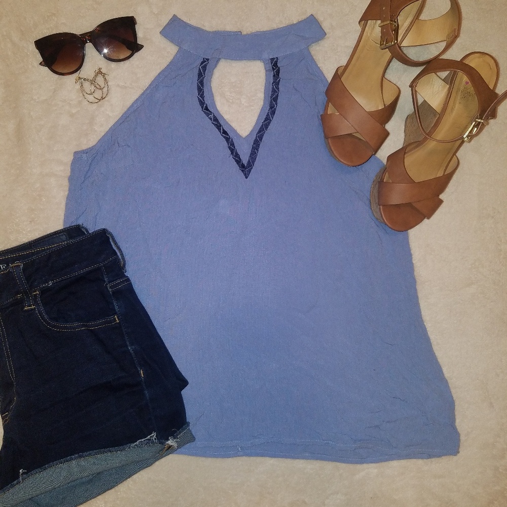 Periwinkle tank with decorative cut out